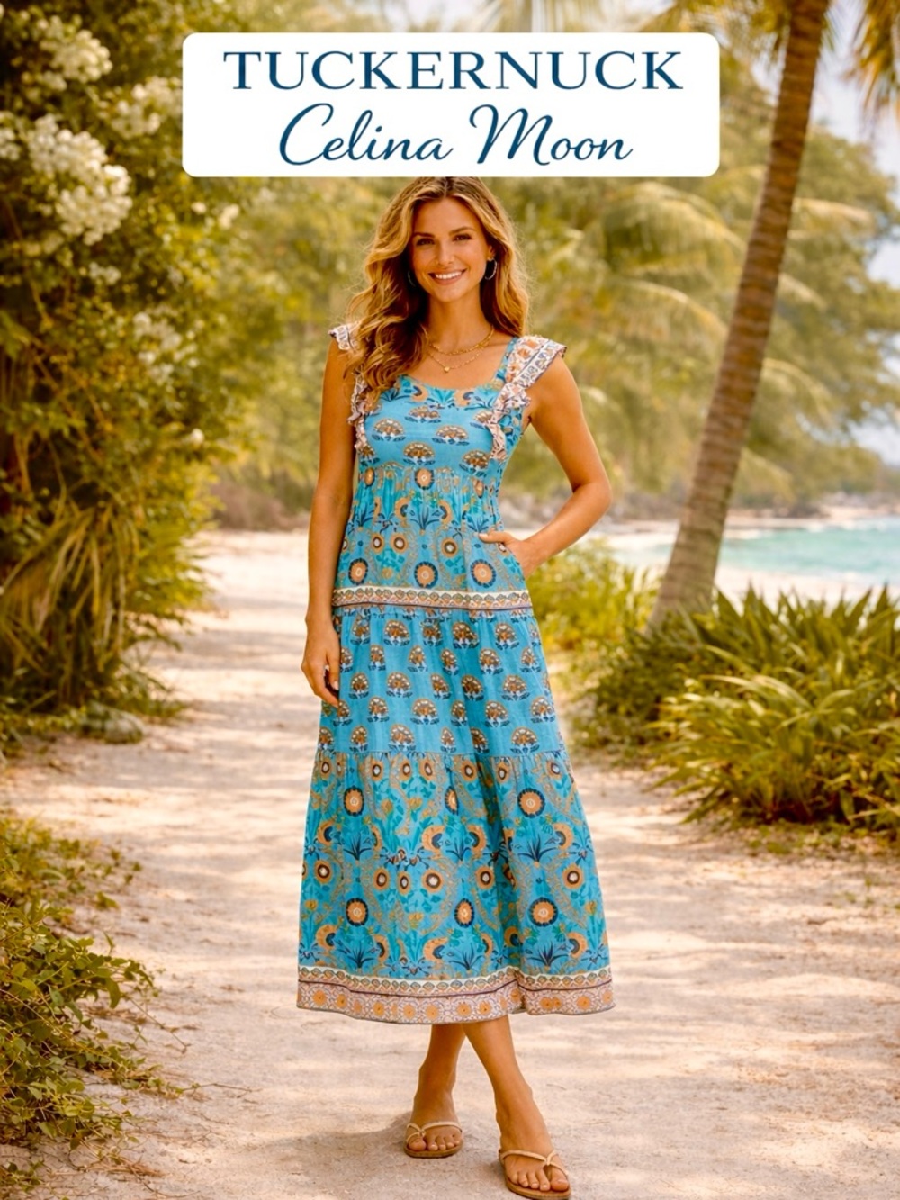 Celina Moon,Tuckernuck, Floral,Tiered, Lined Dres,Blue Patterned Dress, Size S